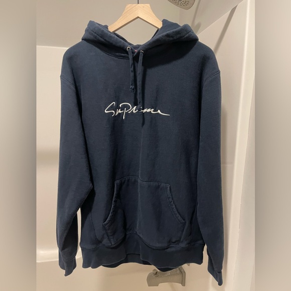 Supreme Navy Blue Hoodie Script